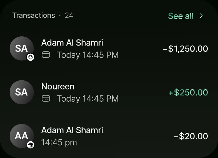 A list of 24 recent transactions